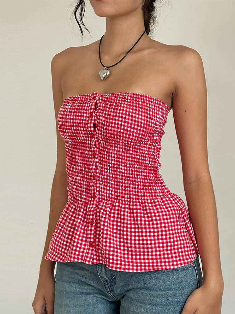 Y2k Red Gingham Crop Top Womean Sexy Strapless Ruffle Hem Sleeveless Button Cami Coquette Aesthetic Plaid Print Crop Top Summer voguable