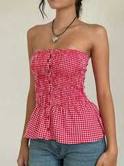 Y2k Red Gingham Crop Top Womean Sexy Strapless Ruffle Hem Sleeveless Button Cami Coquette Aesthetic Plaid Print Crop Top Summer voguable