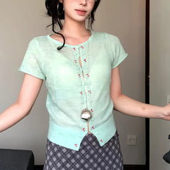 Voguable Mint Green Sheer Knit Cardigan Women Summer Thin Breathable Short Sleeve Crop Top Woman Y2K Slim Fit Hollow Out Knitted T-Shirt voguable