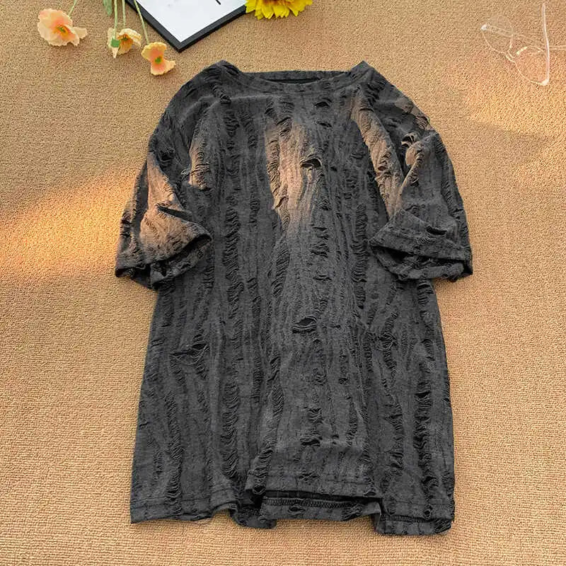 Niche Hollow Hole Short-sleeved T-shirt Men's Street Hip-hop Three-quarter Sleeve Trendy Loose American Couple Fashion Top Urban voguable