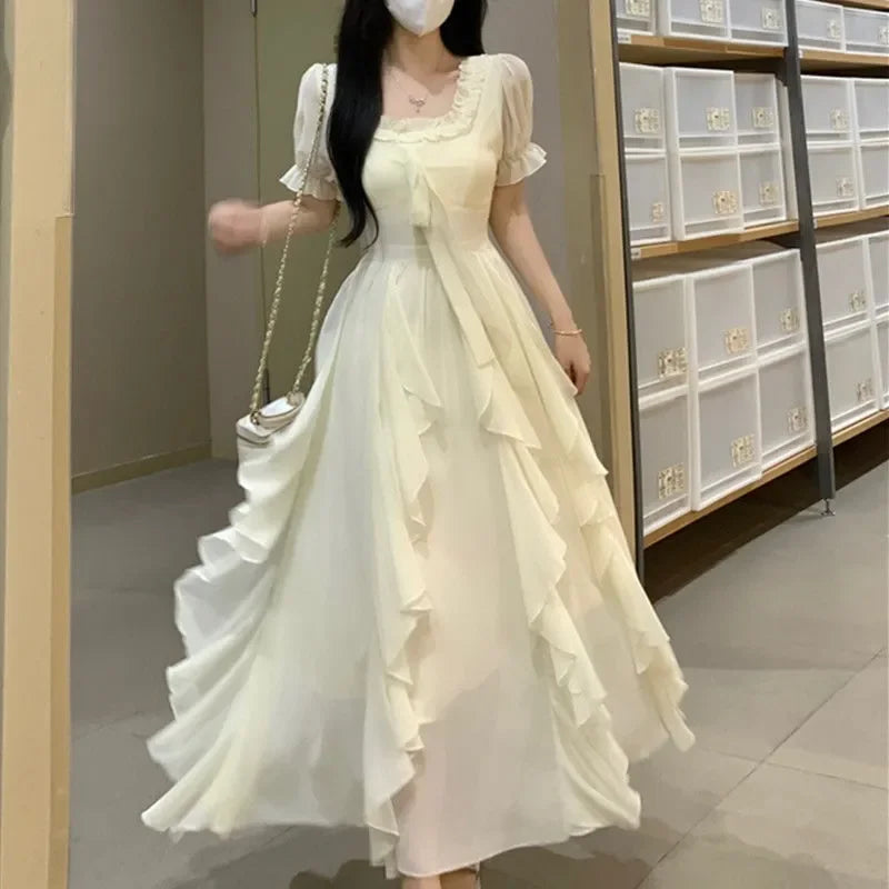 Voguable Women Fairycore Chiffon Maxi Dress Square Neck Puff Sleeve Ruffle Flowy Long Dress Summer A-Line Party Wedding Guest Vestidos voguable