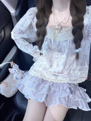 Voguable Sweet Floral 2 Piece Set Women Summer Korea Fashion Kawaii Suit Female Korean Lolita Flower Lace Tops +cute Mini Skirt Suit 2024 voguable