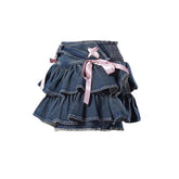 Voguable New Blue Denim Pleated Skirt Y2K Aesthetic Sweet Pink Bow Lace Up Ruffles Cake Mini Skirts Harajuku Women Kawaii Short Skirt 90s voguable