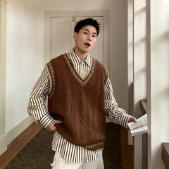 American Fashion Retro V-neck College Style Sweater Vest for Men Autumn and Winter Loose Casual Patchwork Couple Sweater Vest voguable