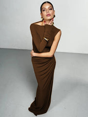 Skew Collar One Sleeve Sexy Maxi Dress For Women Gown Fashion Solid Thigh High Split Ruched Bodycon Club Long Dress voguable