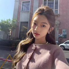 Purple Camellia Knitted Cardigan Women Korean Wear Chic and Beautiful Short Tops and Jackets in Early Autumn voguable