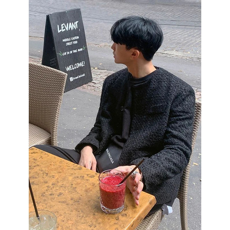 Men's Casual Luxury Jacket High Street Button Down O Neck Long Sleeve Solid Color Retro Texture Coat Autumn Korean 2024 New voguable