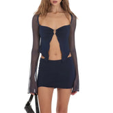 Voguable Women Outfit Elegant y2k Clothes Long Sleeve Front Open Ring Ruched Tops + Low Waist Tight Fitted Mini Skirt Clubwear voguable