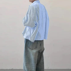 New Japanese Trendy Men Shirts Light Luxury Textured Lapel Striped Long Sleeve Cardigan Tops Leisure Premium Loose Blouse M-2XL voguable