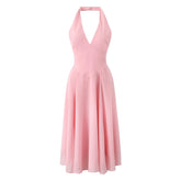 Sexy Backless Pink Halter Dress For Women Sleeveless A-line Midi Party Dresses Summer Robe
