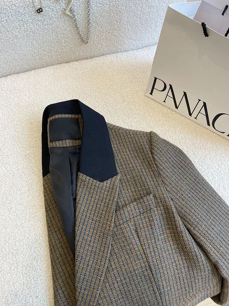 Houndstooth Faux Wool Blazer Women Autumn Korean Loose Double-Breasted Casual Coat Y2K Female Long Sleeve Lapel Suit Jacket new voguable