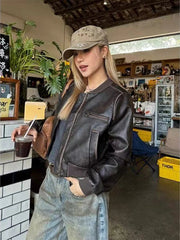 Y2K American Pu Leather Women Jacket Y2K Brown Vintage Long Sleeve Stand Collar Crop Coats Hip Hop Streetwear Zipper Outerwear voguable
