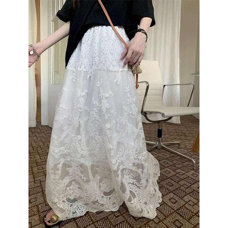 Fat Mm Large Size 300 Catties White Lace Skirt for Women in Spring New High-waisted Slim Big Sling Skirt voguable