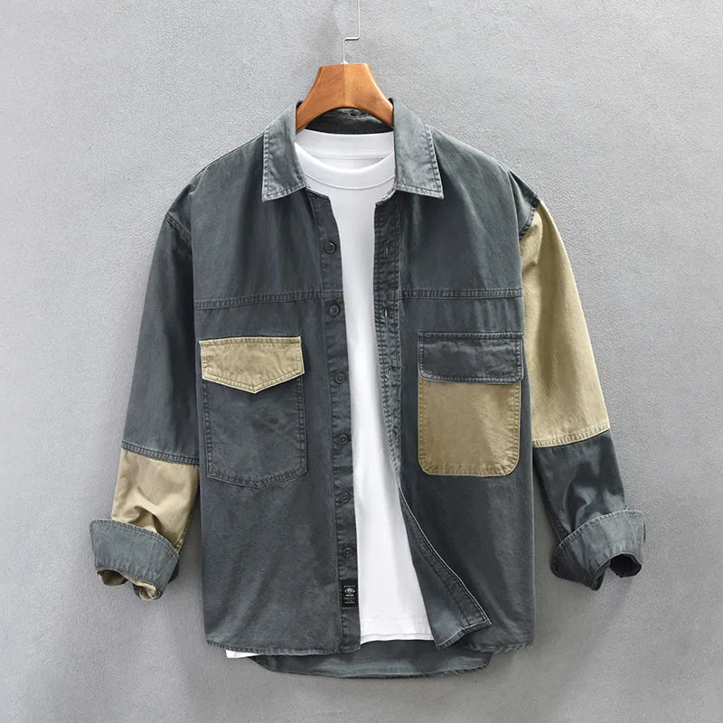 Voguable Spring New Cargo Casual Patchwork Shirt Men Big Pockets 100% Cotton Four Seasons Men Clothing Oversize voguable