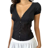 Coquette Shirt y2k Clothes Women Deep V Neck Lace Trim Single Breasted Short Sleeve Blouse Crop Top Club Streetwear voguable