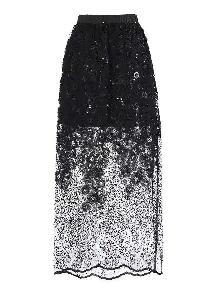 Solid Embroidered Flares Sequins Straight Skirt For Women High Waist Middle Length Fashion Skirts Summer 2025 New voguable