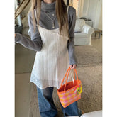 Voguable 2024 Spring New Korean Hollow Loose Casual Asymmetric Lace Sling Dress Women + Solid Color Long-sleeved T-shirt Two-piece Suit voguable