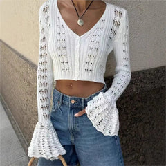 2025 New Knit Flare Sleeve V-neck Hollow Out Short Coat Fashion Casual Button Transparent Summer Cardigan Top Cover-up Jacket voguable