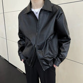 New Autumn Men's Casual Textured PU Leather Jacket High Street Zip-up Turn-down Collar Solid Color Long Sleeve Retro Coats M-3XL voguable