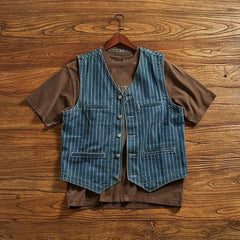 American Leisure Denim Vest Men Trendy Retro Old Striped Horse Clip American High-end Multi-pocket V-neck Layered Work Vest Men voguable