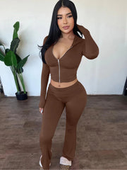 Mozision Hooded Top And Trousers Two Piece Sets Women Fashion Zipper Long Sleeve Tops And Flare Pant Female Casual Suit New voguable