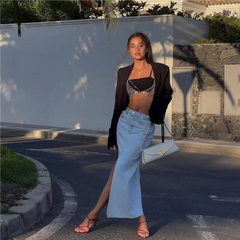 Fall Midi skirts vintage clothes y2k korean style skirts for women blue jeans skirt high waisted denim skirt black front slit Pbong