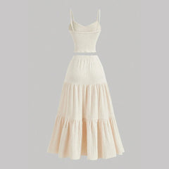 Sets Summer Simple Decent Solid Color Screw Thread Sleeveless Sweetheart Neck High Waist Pleated Skirt Sets For Women voguable