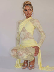 Sexy Lace Jumpsuit Women Sheer Lace Patchwork Long Sleeve Jumpsuits Female Elegant Draped Ruched Skinny Jumpsuit voguable