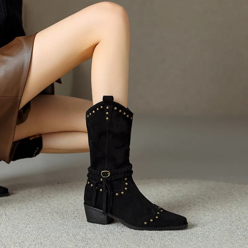 New Genuine Leather Retro Boots Women Zipper Mid Calf Boots Square High Heels Punk Chunky Cowboy Western Boots Female Shoes voguable