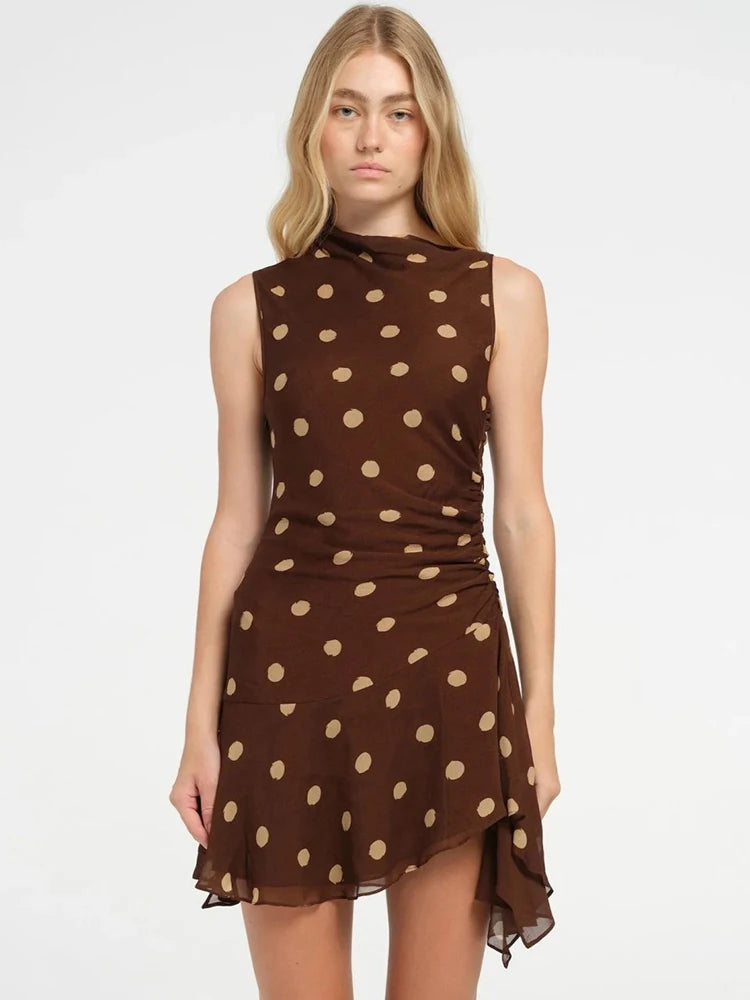 Sleeveless Polka Dot Dress For Woman Fashion Brown Print Mesh O Neck Ruched Mini Dress Elegant Irregular Dresses voguable