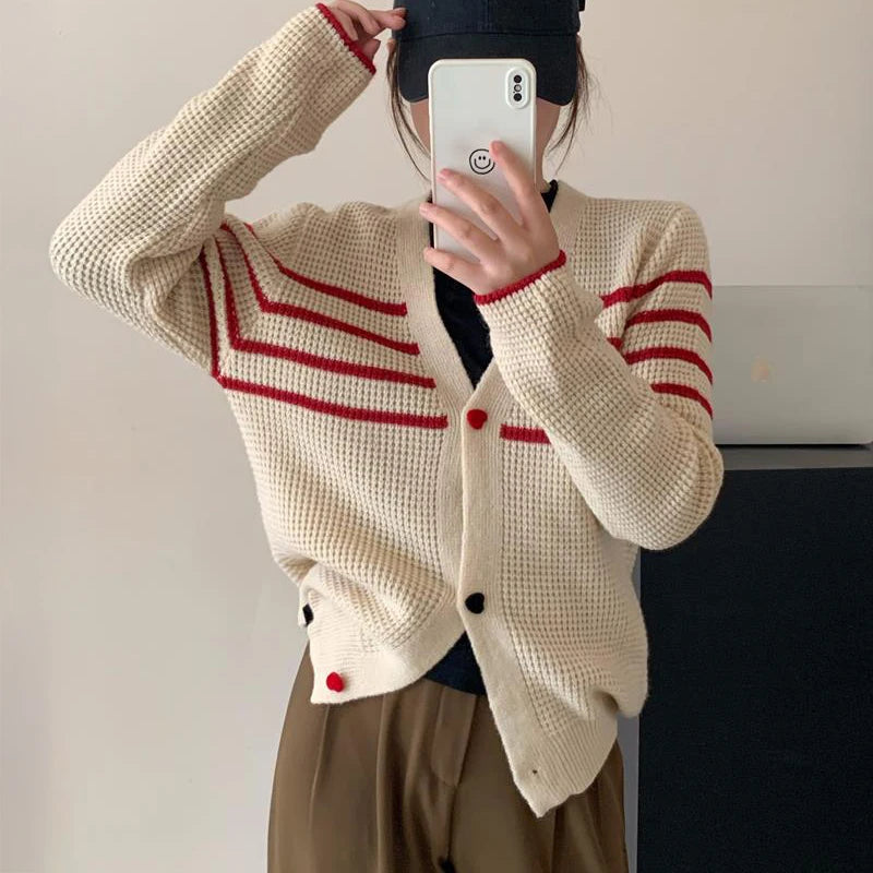 Striped Knit Cardigan Sweater with Heart-shape Button Front V-Neck Sweater Jacket Female Autumn Winter French Chic Cute Outfit voguable