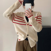 Striped Knit Cardigan Sweater with Heart-shape Button Front V-Neck Sweater Jacket Female Autumn Winter French Chic Cute Outfit voguable
