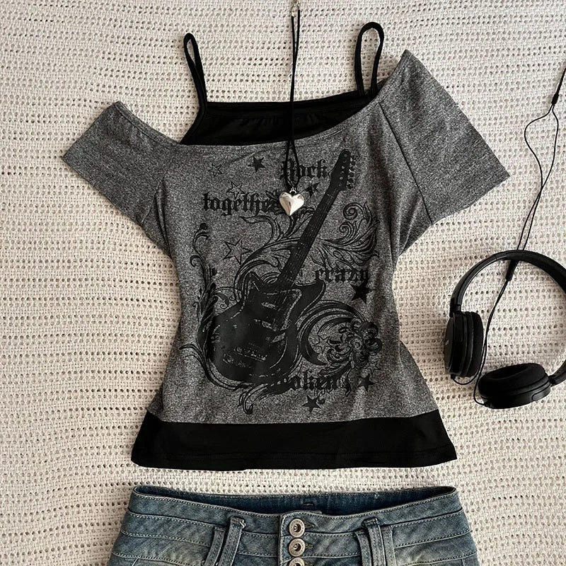 Y2k Slim Fit Print Tops Women Off Shoulder Short Sleeve Tee Shirt Neploe American Vintage Fake Two Piece Halter Lace Up T-shirts voguable