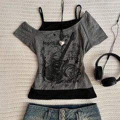 Y2k Slim Fit Print Tops Women Off Shoulder Short Sleeve Tee Shirt Neploe American Vintage Fake Two Piece Halter Lace Up T-shirts voguable