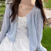 Voguable Round Neck Ice Silk Knitted Sun Protection Cardigan Women Summer Thin Suspender Skirt Small Outer Shawl Hollow Solid Sweater voguable