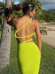 Green Sexy Two Piece Sets Women Oblique Shoulder Crop Tops And Maxi Skirt Female Thigh High Split Ruched Long Dress voguable