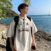 American Retro Short Sleeved Y2k Motorcycle Style Polo Collar Simple Versatile Loose Vintage Summer Couple T-shirt Casual Top voguable