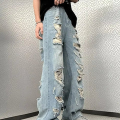 Vintage Distressed Straight-leg Jeans American Style Slimming Bell Bottoms Loose Fit High-waisted Summer Thin Version For Men voguable