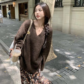 Voguable Autumn Winter Retro V-neck Gray Pullover Sweater Women Lazy Style Loose High-end Temperament Knitted Korean Style Top voguable