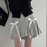 Voguable Cute Double Bow A-line Pleated Knitted Skirt High Waist Mini Skirts Preppy Style Sweeet Girls Streetwear Korean Outfits voguable