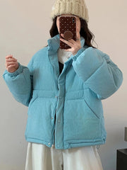 Women Sweet Corduroy Parkas Warm Long Sleeve Retro Stand Collar Cotton Coat Winter Thick Casual Preppy Style Korean Jacket voguable