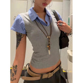 Voguable Vintage Striped Patchwork Shirt Women Korean Fashion Slim Short Sleeve Top Summer Casual Harajuku Preppy Style Crop Blouse voguable