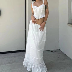 Women Lace Spliced Drawstring Waist White Long Skirt Summer Lady Ruffle Hem A-line Holiday Maxi Skirt Cotton