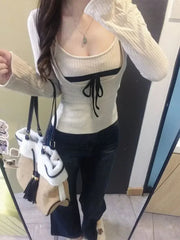 Korean Style Sexy T-Shirts Women Sweet Coquette Two Piece Sets Long Sleeve Tops Fashion Aesthetics Patchwork T-Shirts voguable