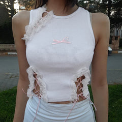 Voguable Sweet Lace Stitching Hollow Out Tank Top Women Cute Bow Bandage Sleeveless Crop Tops Y2K Casual Basic Vest Lolita Camis voguable