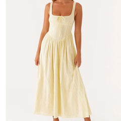 Women Elegant Square Neck Tank Long Dresses Sexy Sleeveless Low Waist A-line Yellow Summer Dress Holiday Party Robe