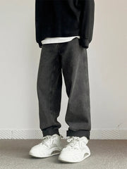 New Fashion Korean Men's Baggy Straight Jeans Classic Black Gray High Street Denim Pants Streetwear High Quality Male Trousers voguable