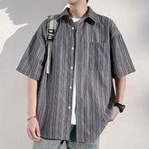 Voguable Men's Casual Breathable Short Sleeve Shirt Vertical Stripe Color-Block Lapel Relaxed Fit Trendy Summer Style Top voguable
