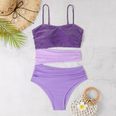 Voguable New Shiny Purple Contrast Swimsuit Women Halter Hollow Out Patchwork One Piece Swimwear Beach Bathing Suit Pleate Monokini voguable