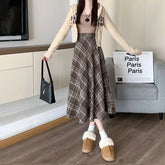 Voguable Coffee Wool Plaid Skirt for Women with High Waist Slim Skirt for A-line Midi-length Umbrella Skirt voguable